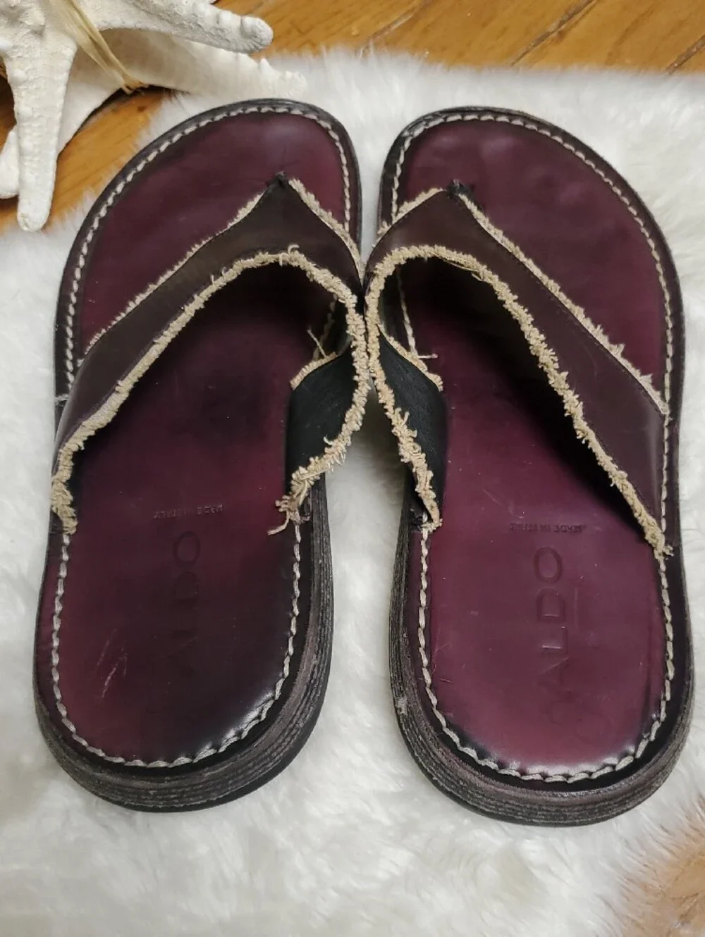Aldo Plum Leather Thong Sandals with Contrast Trim